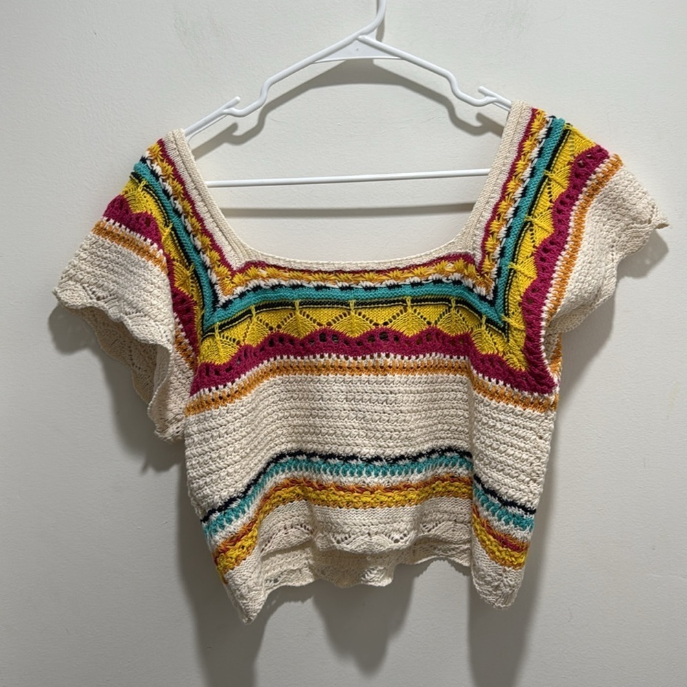 POL- Boho Crochet Knit Crop Top Multicolor Striped Festival Summer Size Large - Picture 7 of 7